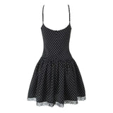 Yeknu  New Fashion Women's Mini Dress Black Polka Dot Lace Bowknot Suspender Dress
