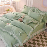 Yeknu Girls Bedding Sets Kawaii Seersucker Bed Sheet Pillowcase Fashion Princess Duvet Cover Solid Color 4 Pieces Cute Home Decoration