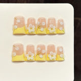 Yeknu  10Pcs Duckbilled Yellow French Artificial Nails 3D White Flower Design Handmade Press on Nails Summer Wearable False Nail Tips