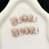 Yeknu  10pcs Handmade Short Press on Nails Sweet Cute Bow Decor Korean Fake Nail Tips Wearable Reusable Pink Cat Eye Design False Nails