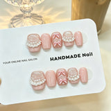 Yeknu  10pcs Handmade Press On Nails Nude Pink Short Square With 3D Bow Fake Nail Lace & Pearl Charms False Nails for Women&Girl