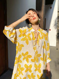 Yeknu  Three-quarter Sleeve Dresses Elegant Loose A-line Print Dress Women Summer Slim Gentle Stand-up Collar Floral Dress