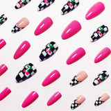 Yeknu  24Pcs Hot Pink Cherry Press On Nails Almond Fake Nails Black White Checkerboard Design Reusable Full Cover Artificial Nail Tips