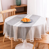 Yeknu Grey Stripe Round Tablecloth Cotton Linen  Lace Tassel Dustproof Tables Cover Wear-Resistant Thicken Mat Wedding Decoration