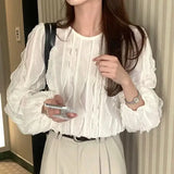 Yeknu  Spring Pullover Long Sleeve Tops Women Loose Pleated Fashion Ladies Cropped Blouses Ruffled Lace Mesh Hollow Woman Tops