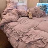 Yeknu  Princess Style Purple Ruffle Duvet Cover Set - Washed Cotton 4-Piece/3-Piece Bedding Double Size/Dorm Sheet Set