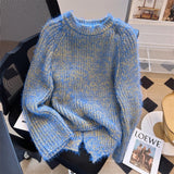 Yeknu  Women's Blue Knit Pullover Loose Japanese Sweater Long Sleeves Oversize Cashmere Sweaters 90s Vintage Y2k 2000s Clothes Autumn
