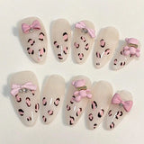 Yeknu  10pcs pure hand pressed almond shaped nail art, beautiful fake nails, cute pink leopard print, suitable for women to use
