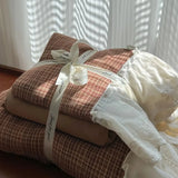 Yeknu  Korean-Style Red Plaid Washed Bedding Set - Vintage Lace Trim 4-Piece/3-Piece Dorm Sheet & Duvet Cover Set