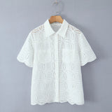 Yeknu  European And American Style Summer Women's Suit White Short-sleeved Shirt + Lace Skirt Embroidery 2-piece Set Skirt