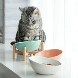 Yeknu  Ceramic Round Pet Bowls, Home Removable Cat Food Bowl With Frame 45° Tilted Design Wood Bottom Pets Drinking Feed Tableware, 1Pc