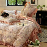Yeknu Nordic Bedding Sets 100% Cotton Floral Flat Bed Sheet Set 2 Pillowcases Skin-Friendly Queen King Double Size Bed Linen Set