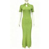 Yeknu  Summer Elegant Bodycon Knitted Dress Women Modis Short Sleeve Slim Ladies Knit Dresses Sexy Hollow Out Woman Long Dress