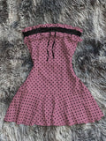 Yeknu  Women Frill Trim Polka Dot Print Contrast Lace Strapless Mini Dress