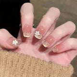 Yeknu  10Pcs Nude Short Square Handmade Press-On Nails Cat-Eye Effect with French Nail Tips Perfect for Women&Girls Daily Look Wear