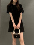 Summer Tweed Mini Dress Women Loose A-Line Elegant Fashion Korean Style Ladies Dresses Short Sleeve Woman Dress