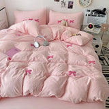 Yeknu Girls Pink Bedding Set with Bow Korean Breathable Duvet Cover No Filler Flat Sheet Pillowcases Mix Color Comforter Cover Set