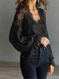 Yeknu  Summer Spring Lace Blouse Pleated Shirt Women Modis V-neck Sexy Puff Sleeve Ladies Blouses Elegant Woman Shirts New