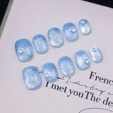 Yeknu  10pcs Ombre Bubble Beads Handmade Nails  Blue Heart Cat-Eye Press on Nail Short Square Round Full Coverage Nail Tips for Women
