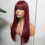 Yeknu  Burgundy Layered Wig Natural Straight Long Burgundy Wig Synthetic Bangs Wig Wine Red Synthetic Wig for Women Daily Party Use