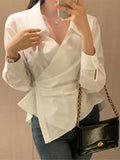 Yeknu  Spring Summer Shirts Tops Women Slim Bodycon Fashion Sexy Irregular Pleated Ladies Blouses Korean Style Woman Shirts Tops