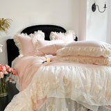 Yeknu  4Pcs Pink Romantic Lace Ruffles Princess Wedding Bedding Set 100% Cotton Duvet Cover Bed Sheet Or Quilted Bedspread Pillowcases