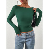 Yeknu  Spring Autumn Fashion Solid Slash Neck Basic T-shirt Women Clothing Casual All-match Long Sleeve Slim Pullover Office Lady Tops