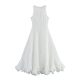 Yeknu  European And American Style Women's White Dress Sleeveless Summer Large Hem Ruffled Puffy Dress