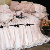 Yeknu  Romantic Lace Princess Black Bow Bedding Set Pink Korean Style Duvet/Comforter Cover Set Bed Sheet/Fitted Sheet Pillowcases 4Pcs