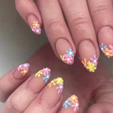 Yeknu 24Pcs Short Almond False Nails with Glue Colorful Flowers Design Fake Finger   Nails Wearable Artificial Oval Press on Nails
