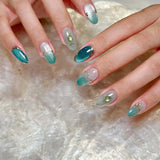 Yeknu  24pcs Emerald Press on Nail Almond Retro Jadeite Celadon Artificial Fake Nails Seamless Removable False Nails