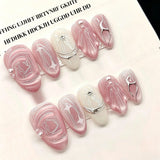Yeknu  10Pcs Handmade Y2K Press On Nails Pink Almond Fake Nails with Metallic Silver Line & Rhinestone Decor Removable Nail Tip