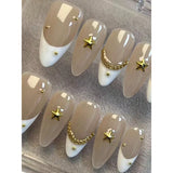 Yeknu  10pcs/Set Long Almond Stiletto French Manicure Faux Nails, Classic Simple Gold Stars Rhinestone Metal Chain With Shine
