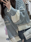 Yeknu  Knitted Autumn Pullover Sweater Women Geometric Print Fashion Lantern Long Sleeve Ladies Cropped Sweaters Korean Woman Sweater