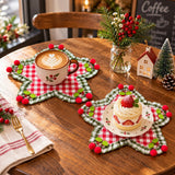 Yeknu  2Pcs,Star Shaped Gingham Drink Coaster,Classic Plaid Ruffle Cup Mat with Cherry Trim,Heat Resistant for Home Kitchen Party Decor