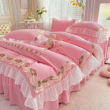 Yeknu Princess Style Korean Bed Skirt Bed Sheet Embroidered Ruffle Lace Quilt Cover Ins Bedding For Girls Luxury Home Textiles