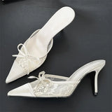 Yeknu  Elegant Mesh Fabric Butterfly-knot Pointed Toe Slippers Women Sexy Thin Heels Party Prom Mule Shoes