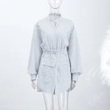 Yeknu  Casual Striped Women's Shirt Single-Breasted Long Sleeve Stand Collar Pocket Lace Up Lady Blouse Summer Autumn Female Tops