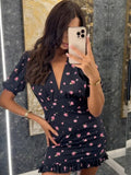 Yeknu  Floral Print Women's Casual Dress V-neck Puff Sleeve Waistband Ruffle Hem Female Mini Dresses Summer Party Vacation Gown