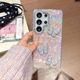 Yeknu  Glitter Aurora Butterfly Shell Case for Samsung Galaxy S25 S26 Ultra S24 Plus S23 FE A56 A55 A54 A16 A35 Laser Love Heart Cover
