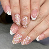 Yeknu  24Pcs Short Almond Press-On Nails Pink Floral French Tip Glossy&Elegant Full Cover Fake Nails for Women&Girls Spring,Daily Wear