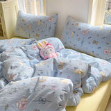 Yeknu  Ins Cute Blue Cat Bedding Sets New Soft Bed Sheet Set For Girls Washed Cotton Dormitory Quilt Set No Filling