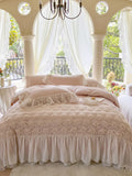 Yeknu  Korean Style Soft Cotton 3D Rose Lace Bedding Set, King Queen Luxury Princess Duvet Cover Bed Skirt Bedspread,High end Home 4pcs