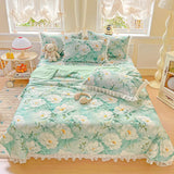 Yeknu  Sweet Floral printed Cool Summer blanket Lace and Ruffle Quilt for Home Skin-Friendly breathable air conditioner Comforters