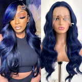 Yeknu  Dark Blue Wig Body Wave Synthetic Lace Front Wig Middle Part Long Wavy Natural Curly 13X4 Frontal Wigs for Women Daily Party