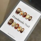 Yeknu  10pcs Maillard Press on Nails Maple Leaf False Nails Crystal Cat Eye Sparkling Nail Brown Handmade Wearable Coffin Fake Nails