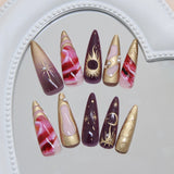 Yeknu  24pcs Gold-Plated Mystic Purple Gradient Fake Nails 3D Starburst Sweet & Edgy Pearls Press on Nail Short Almond False Nail Art