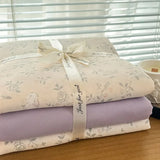 Yeknu Ins floral print Bedding set knitted cotton Flat sheet set Four pieces duvet cover double layer-yarn 4Pcs Cute Fitted sheet