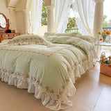 Yeknu  Korean Style Soft Cotton 3D Rose Lace Bedding Set, King Queen Luxury Princess Duvet Cover Bed Skirt Bedspread,High end Home 4pcs