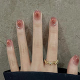 Yeknu 24Pcs Rainbow Color Glow Cat Eye Press on False Nails with Glue Glitter Short Square Nails Sweet Cool Gradient Summer Fake Nails